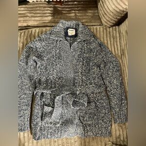 Blue and White chunky Knit Cardigan 100% Cotton Sweater with Belt